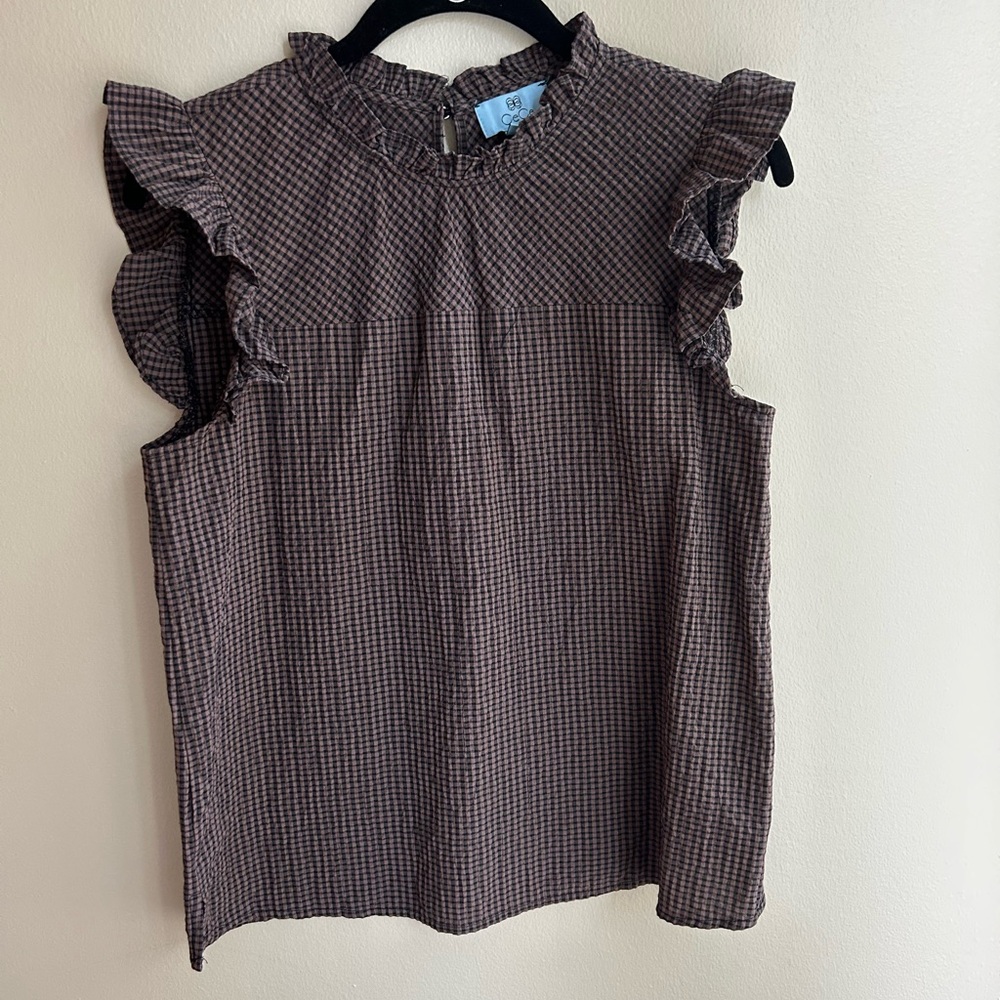 CeCe Checkered Brown Ruffle Blouse